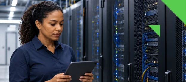 Profissional usando um tablet em um data center